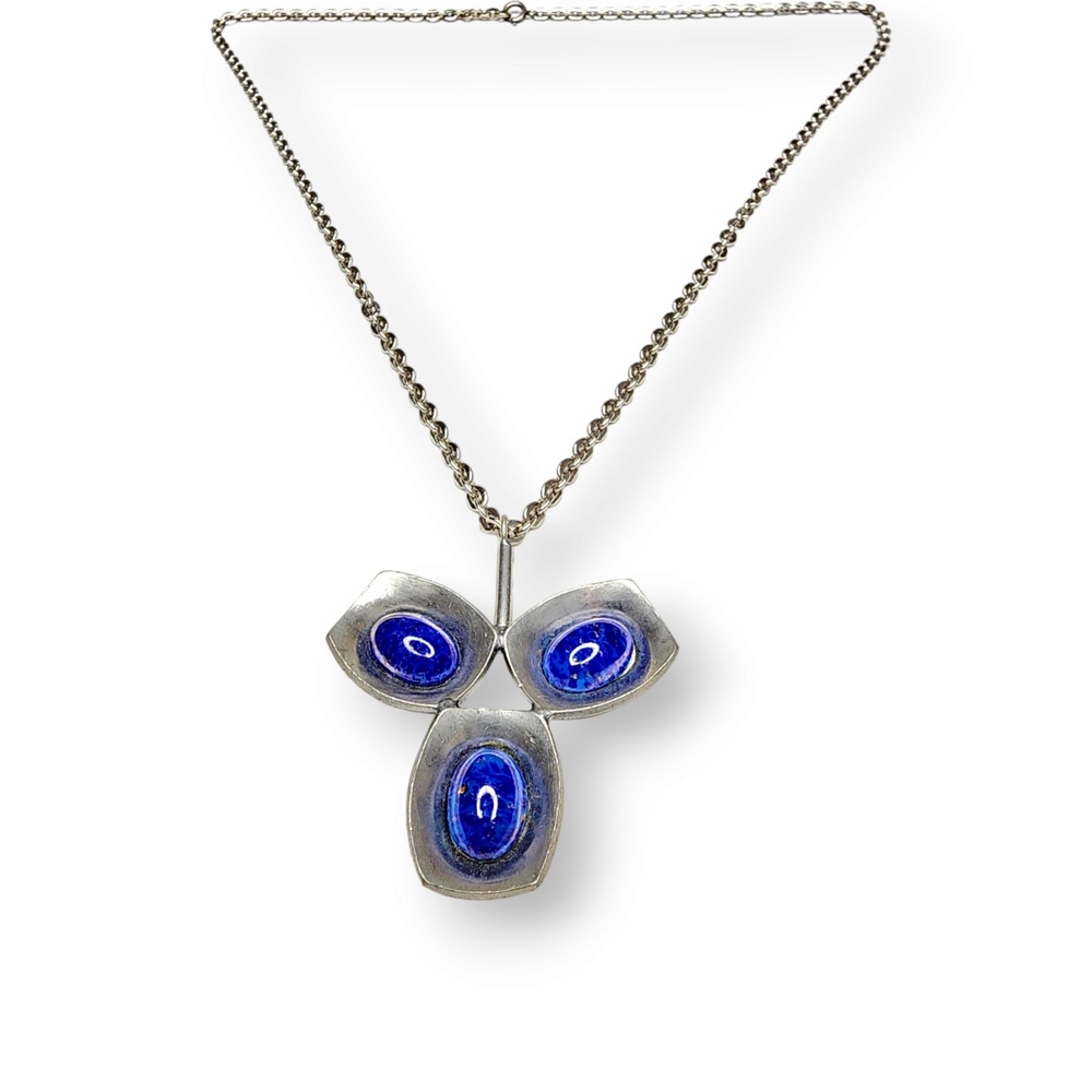 Jorgen Jensen Necklace Pewter Blue MCM Danish Modern Glass Pendant 220B - Picture 3 of 10